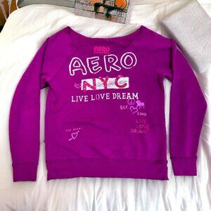 Aero Live Love Dream NYC Purple Bling Sweatshirt Raw Hem Women's Size M